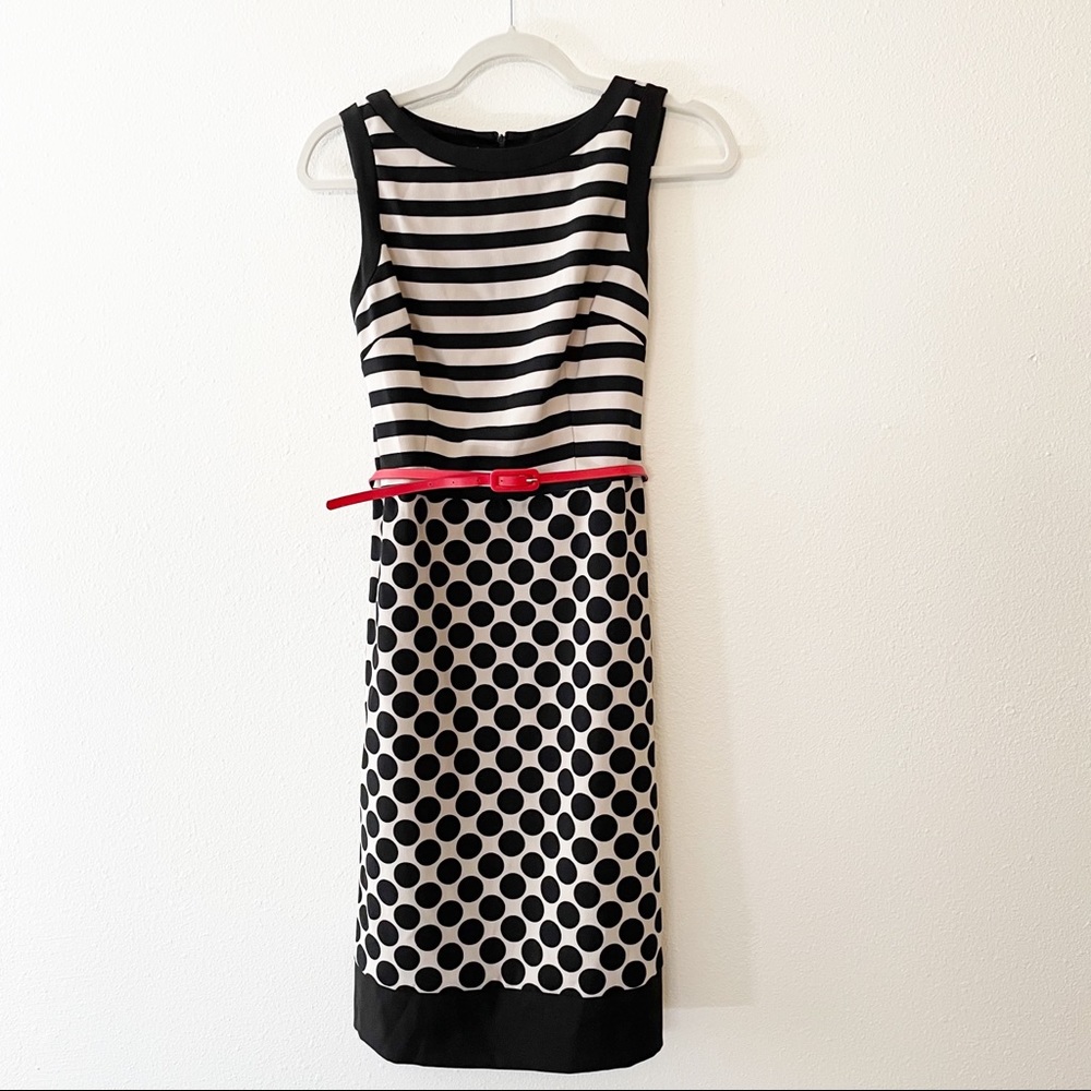 Polka Dot Striped Midi Dress with Skinny Belt